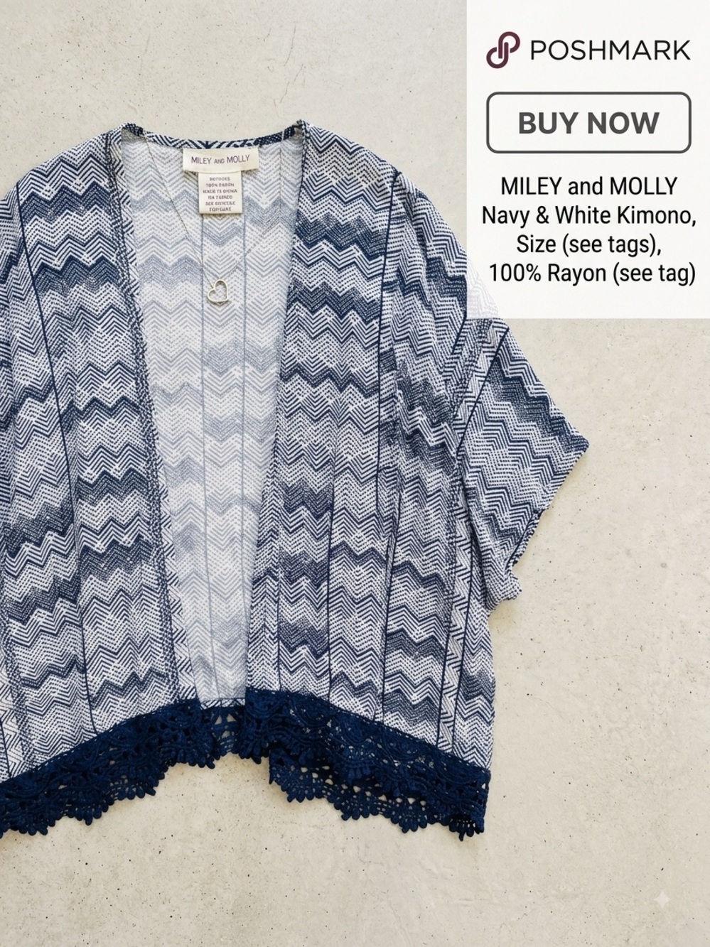 Miley and Molly Navy & White Open-Front Crochet Hem Kimono
